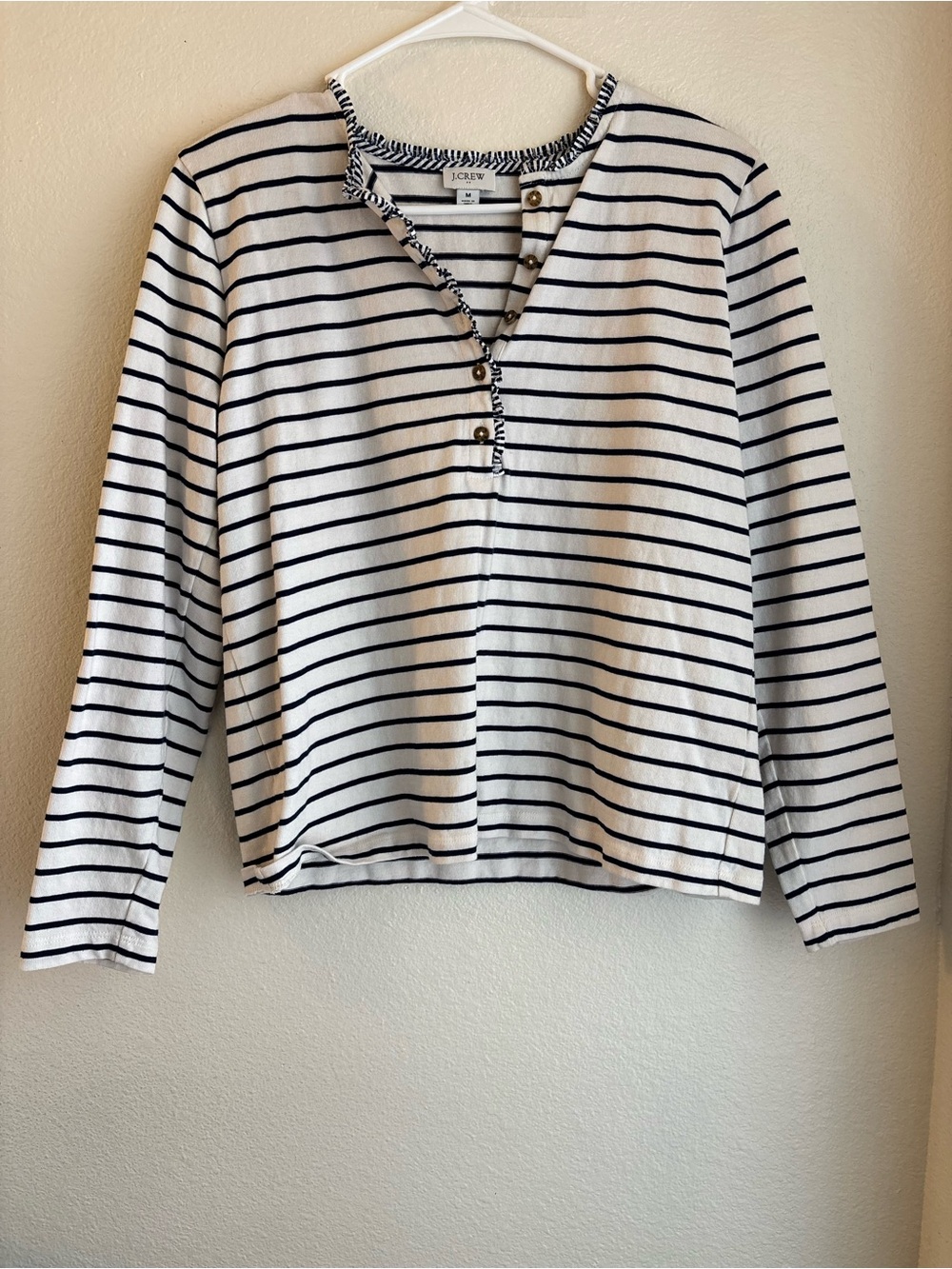 J.Crew Striped Henley Long Sleeve Top Medium Navy White Ruffle Neck